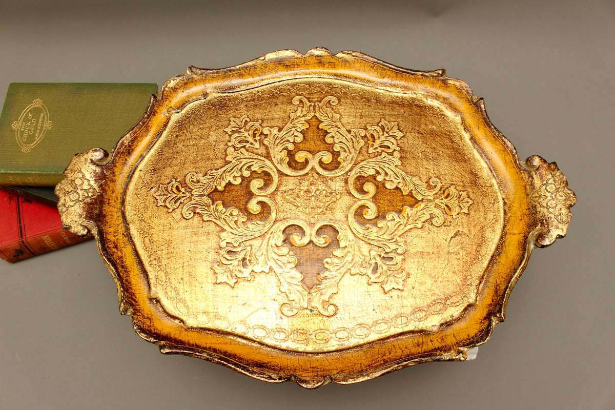 Vintage Italian Florentine Oval Handle Serving Tray - Mid-Century Gold Gilt & Yellow-Ochre Salver