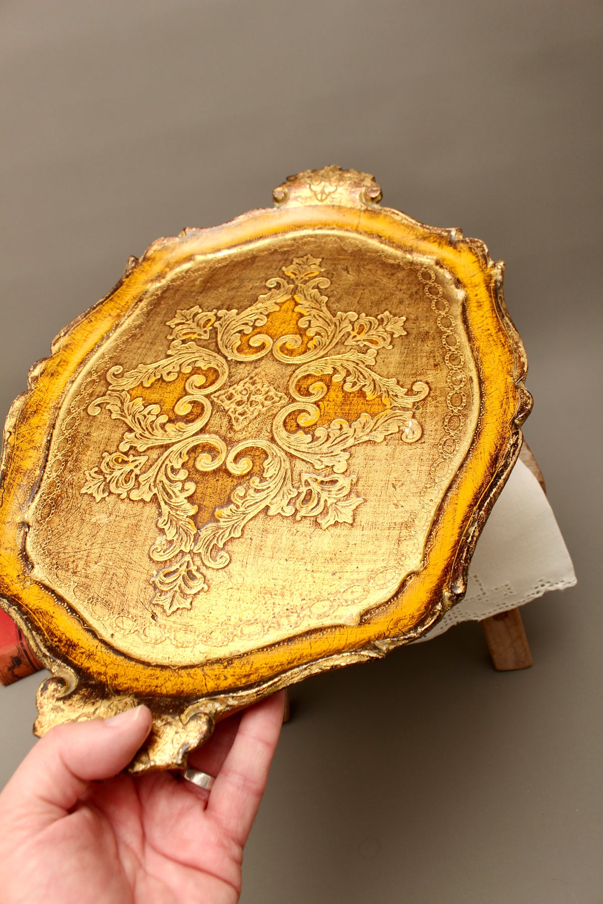 Vintage Italian Florentine Oval Handle Serving Tray - Mid-Century Gold Gilt & Yellow-Ochre Salver
