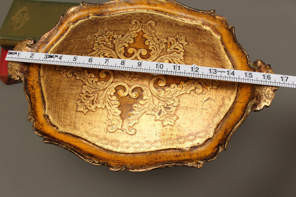 Vintage Italian Florentine Oval Handle Serving Tray - Mid-Century Gold Gilt & Yellow-Ochre Salver