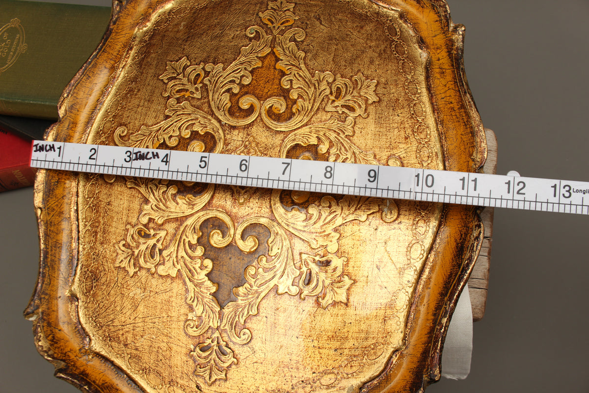 Vintage Italian Florentine Oval Handle Serving Tray - Mid-Century Gold Gilt & Yellow-Ochre Salver