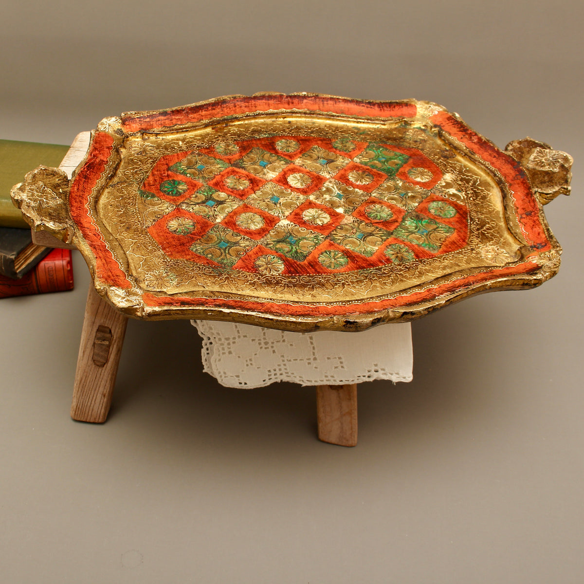 Vintage Italian Florentine Shaped Handle Serving Tray - Mid-Century Gold Gilt, Orange & Green Harlequin Salver