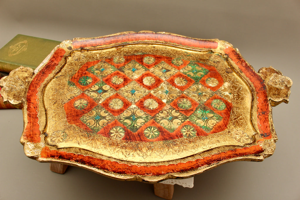 Vintage Italian Florentine Shaped Handle Serving Tray - Mid-Century Gold Gilt, Orange & Green Harlequin Salver