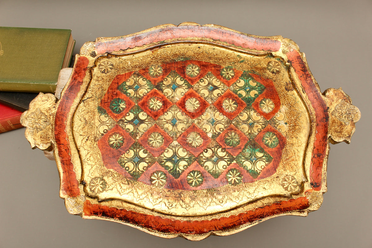 Vintage Italian Florentine Shaped Handle Serving Tray - Mid-Century Gold Gilt, Orange & Green Harlequin Salver