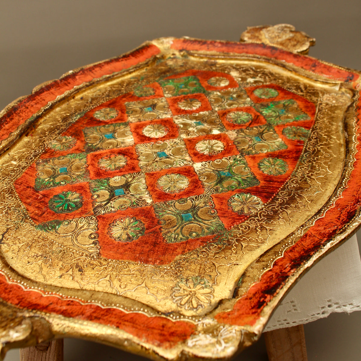 Vintage Italian Florentine Shaped Handle Serving Tray - Mid-Century Gold Gilt, Orange & Green Harlequin Salver