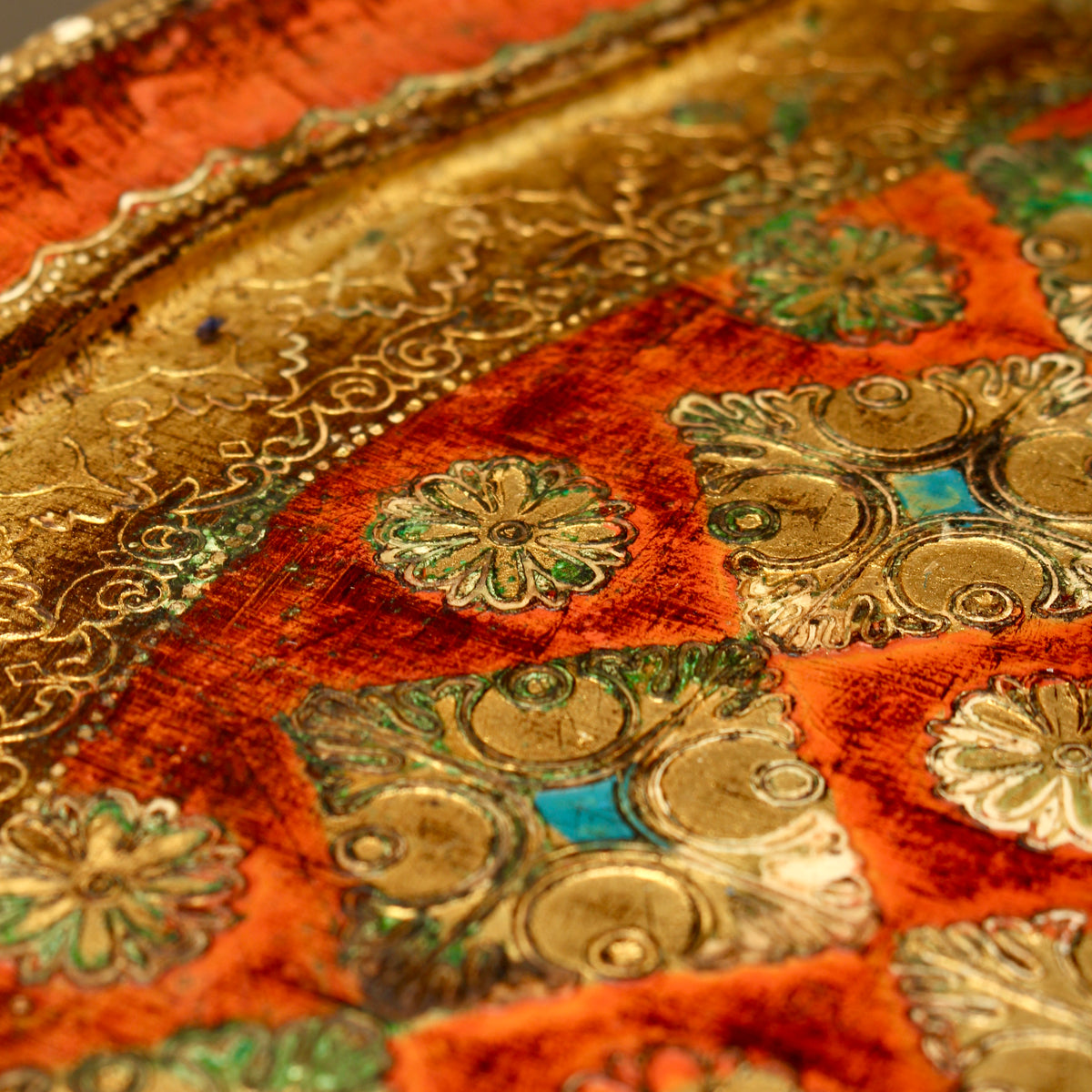 Vintage Italian Florentine Shaped Handle Serving Tray - Mid-Century Gold Gilt, Orange & Green Harlequin Salver