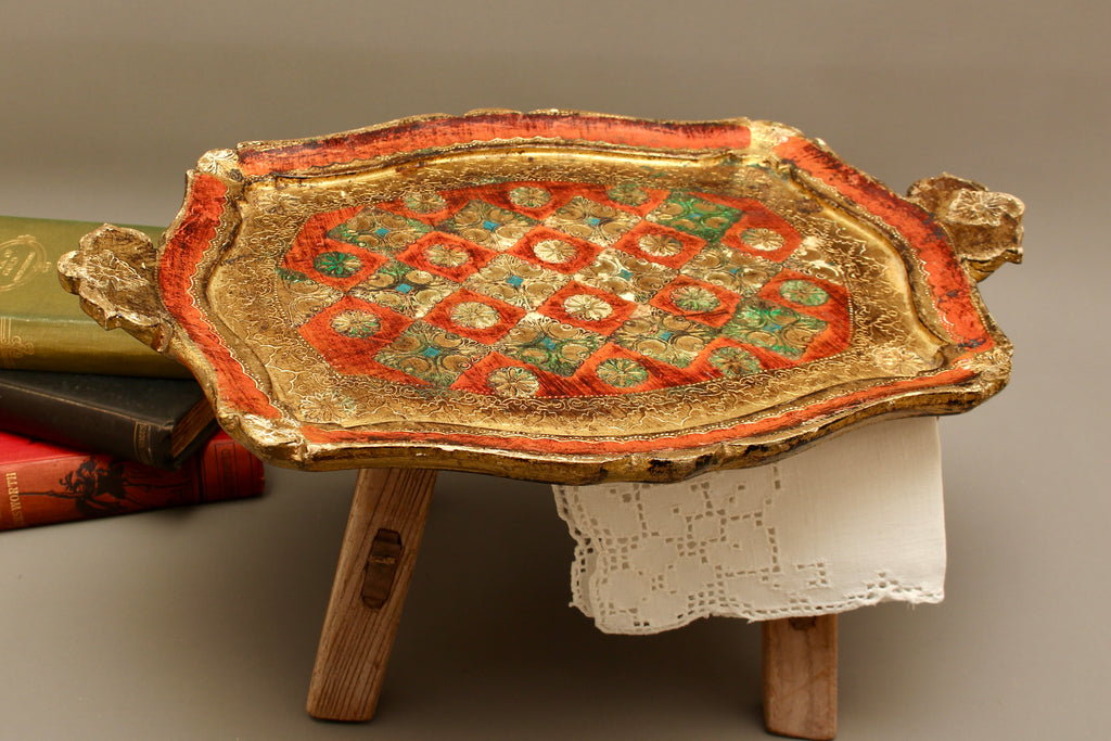 Vintage Italian Florentine Shaped Handle Serving Tray - Mid-Century Gold Gilt, Orange & Green Harlequin Salver