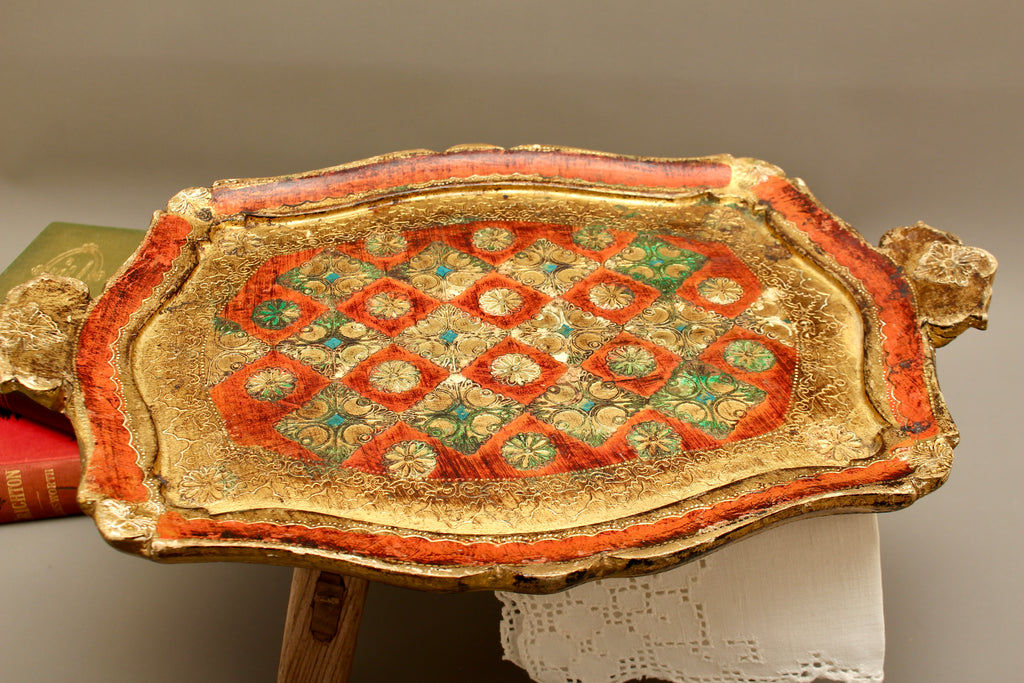 Vintage Italian Florentine Shaped Handle Serving Tray - Mid-Century Gold Gilt, Orange & Green Harlequin Salver