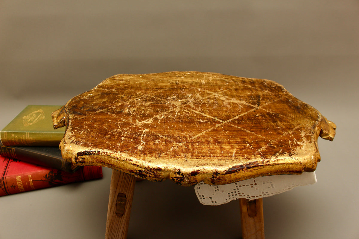 Vintage Italian Florentine Shaped Handle Serving Tray - Mid-Century Gold Gilt, Orange & Green Harlequin Salver