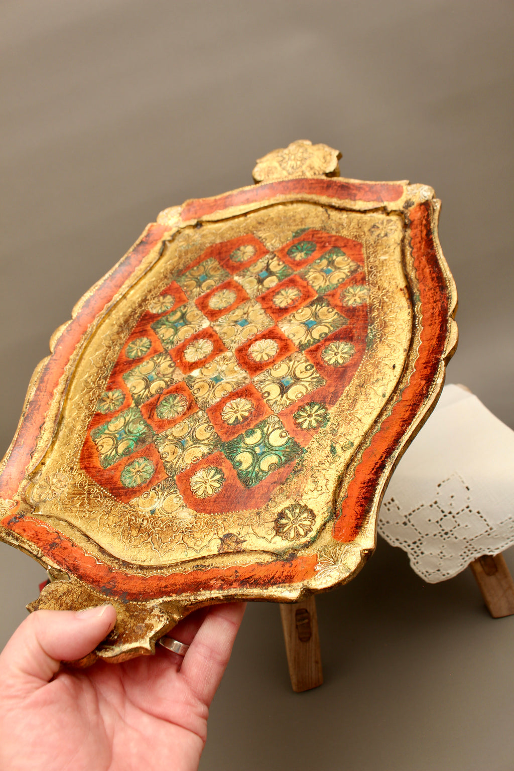 Vintage Italian Florentine Shaped Handle Serving Tray - Mid-Century Gold Gilt, Orange & Green Harlequin Salver