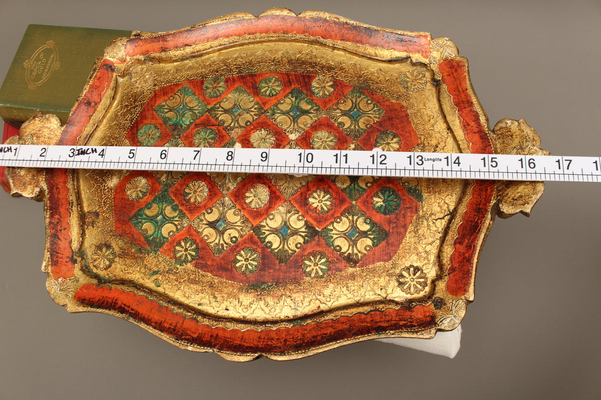 Vintage Italian Florentine Shaped Handle Serving Tray - Mid-Century Gold Gilt, Orange & Green Harlequin Salver