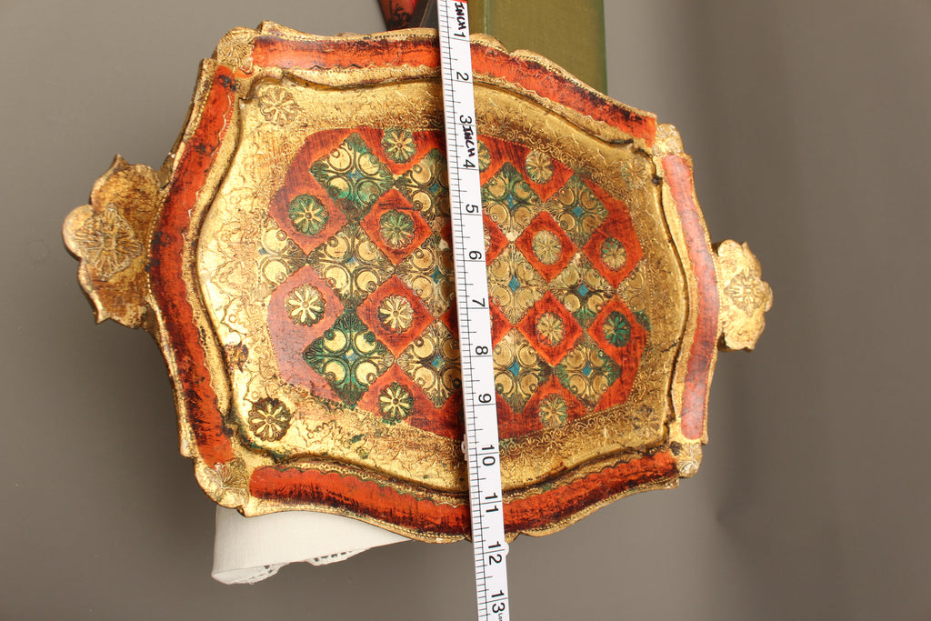 Vintage Italian Florentine Shaped Handle Serving Tray - Mid-Century Gold Gilt, Orange & Green Harlequin Salver