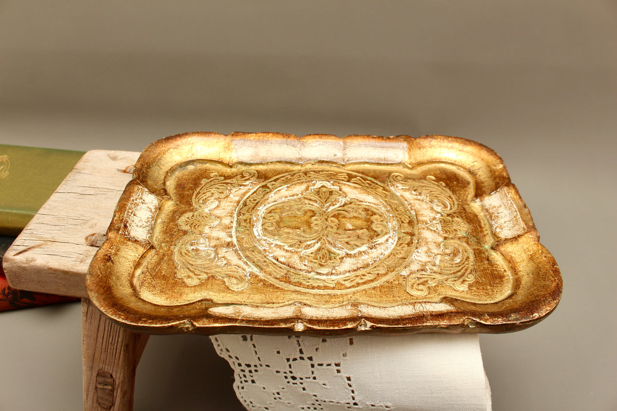 Vintage Italian Florentine Small Rectangular Serving Tray - Mid-Century Gold Gilt Trinket Platter
