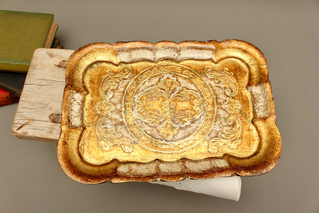 Vintage Italian Florentine Small Rectangular Serving Tray - Mid-Century Gold Gilt Trinket Platter