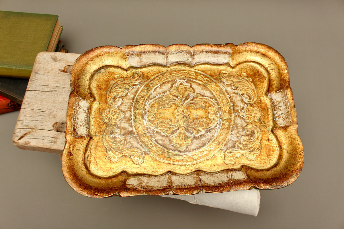 Vintage Italian Florentine Small Rectangular Serving Tray - Mid-Century Gold Gilt Trinket Platter
