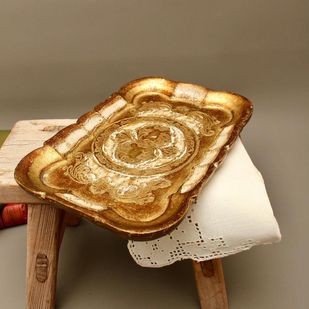 Vintage Italian Florentine Small Rectangular Serving Tray - Mid-Century Gold Gilt Trinket Platter