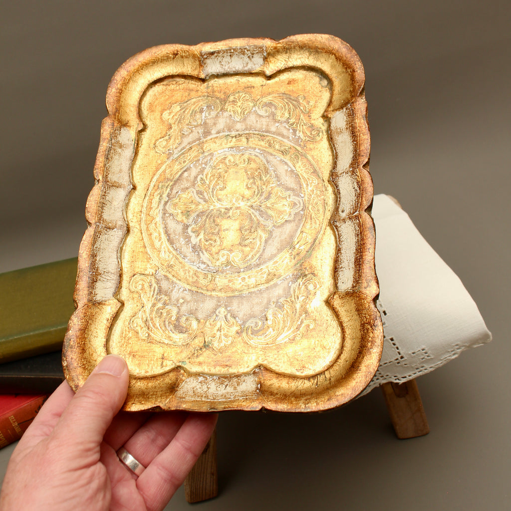 Vintage Italian Florentine Small Rectangular Serving Tray - Mid-Century Gold Gilt Trinket Platter