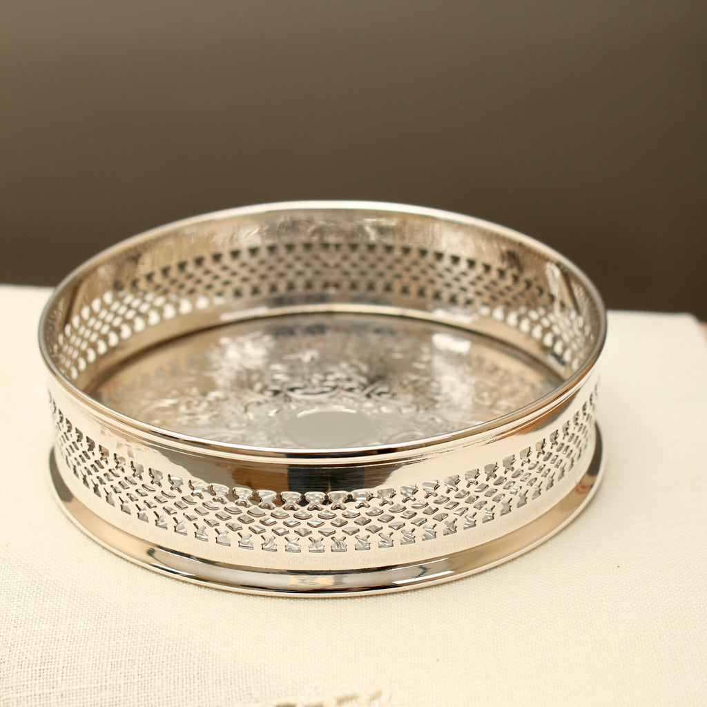 Vintage English Silver Plated Pierced Wine Bottle Coaster - Chased Barware Decanter Stand