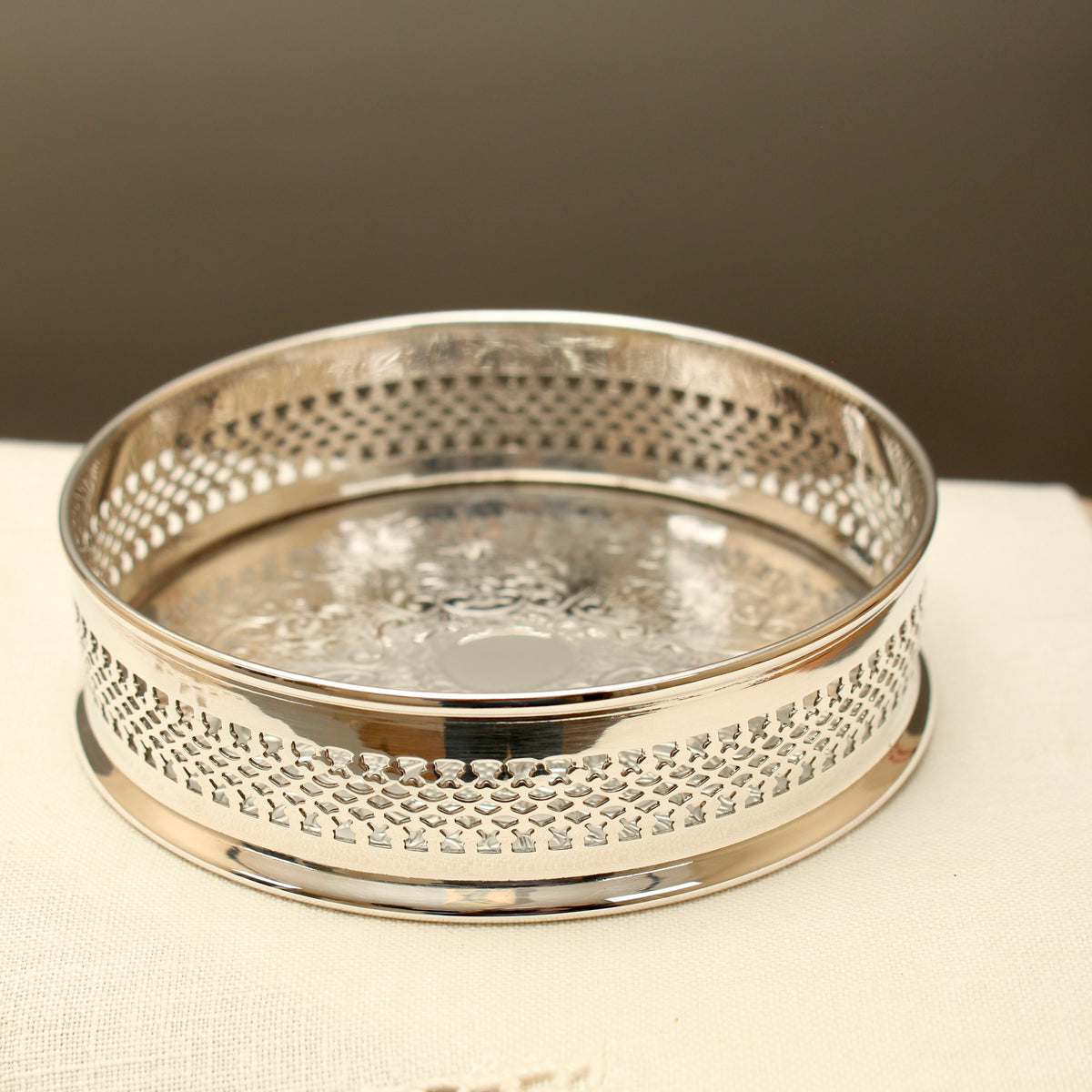 Vintage English Silver Plated Pierced Wine Bottle Coaster - Chased Barware Decanter Stand