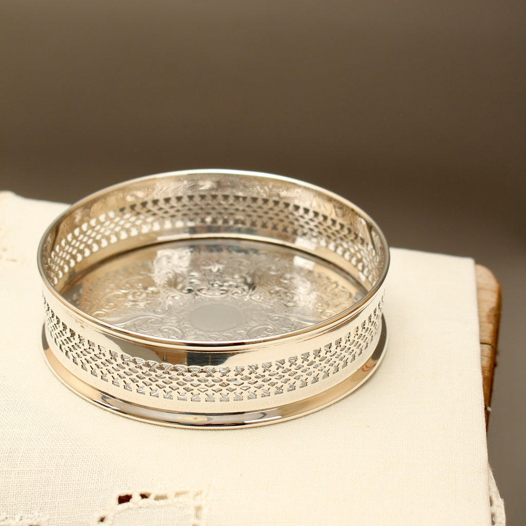 Vintage English Silver Plated Pierced Wine Bottle Coaster - Chased Barware Decanter Stand