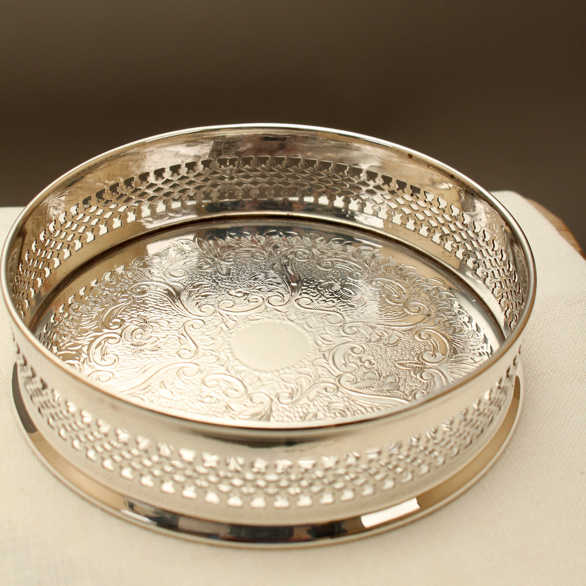 Vintage English Silver Plated Pierced Wine Bottle Coaster - Chased Barware Decanter Stand