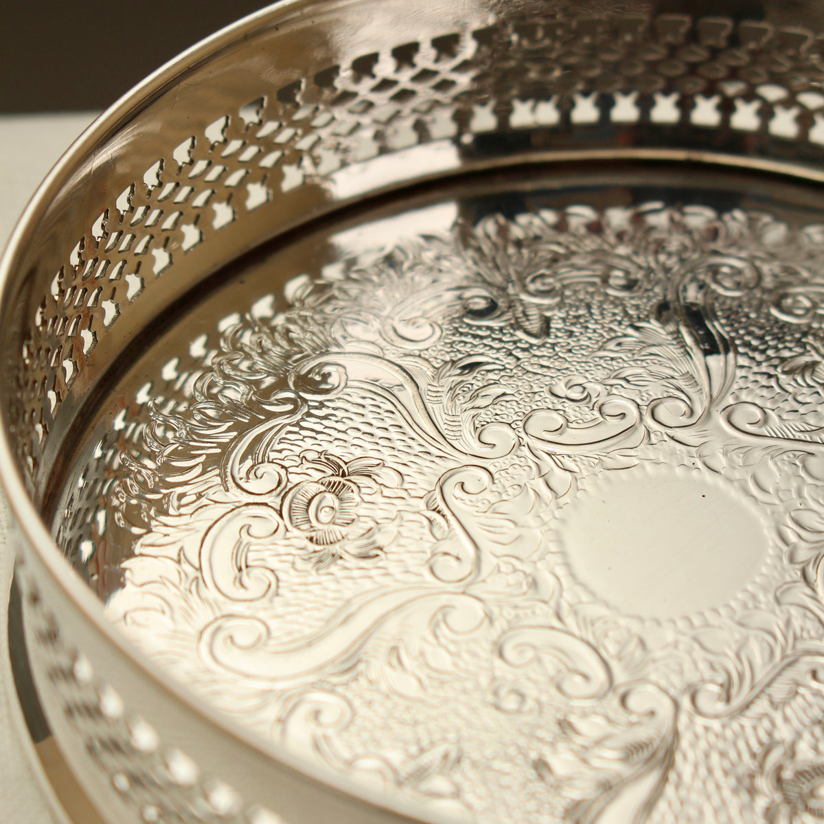 Vintage English Silver Plated Pierced Wine Bottle Coaster - Chased Barware Decanter Stand