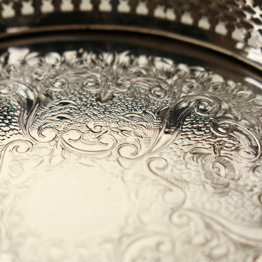 Vintage English Silver Plated Pierced Wine Bottle Coaster - Chased Barware Decanter Stand