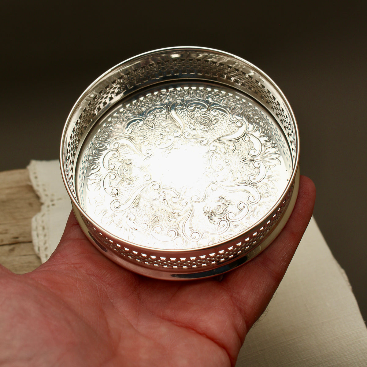 Vintage English Silver Plated Pierced Wine Bottle Coaster - Chased Barware Decanter Stand