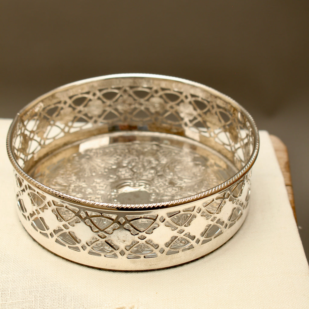 Vintage English Silver Plated Pierced Wine Bottle Coaster - Gadroon Rim Decanter Stand