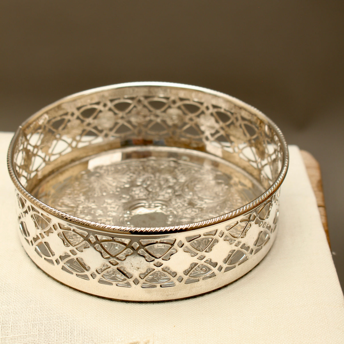 Vintage English Silver Plated Pierced Wine Bottle Coaster - Gadroon Rim Decanter Stand