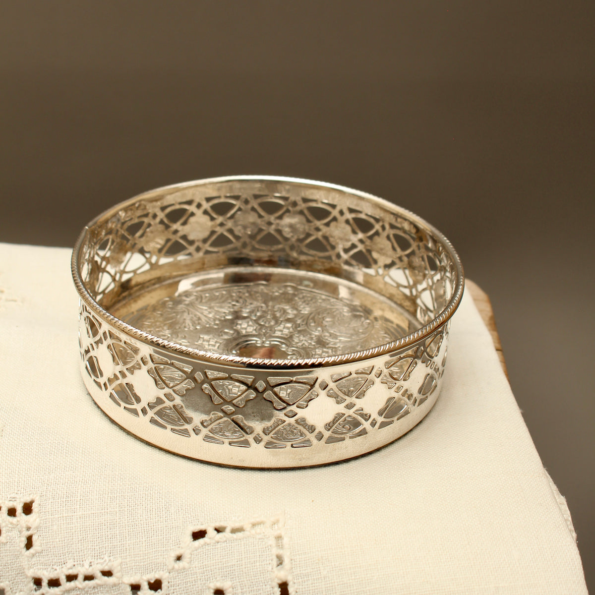 Vintage English Silver Plated Pierced Wine Bottle Coaster - Gadroon Rim Decanter Stand