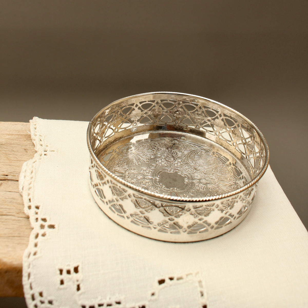 Vintage English Silver Plated Pierced Wine Bottle Coaster - Gadroon Rim Decanter Stand