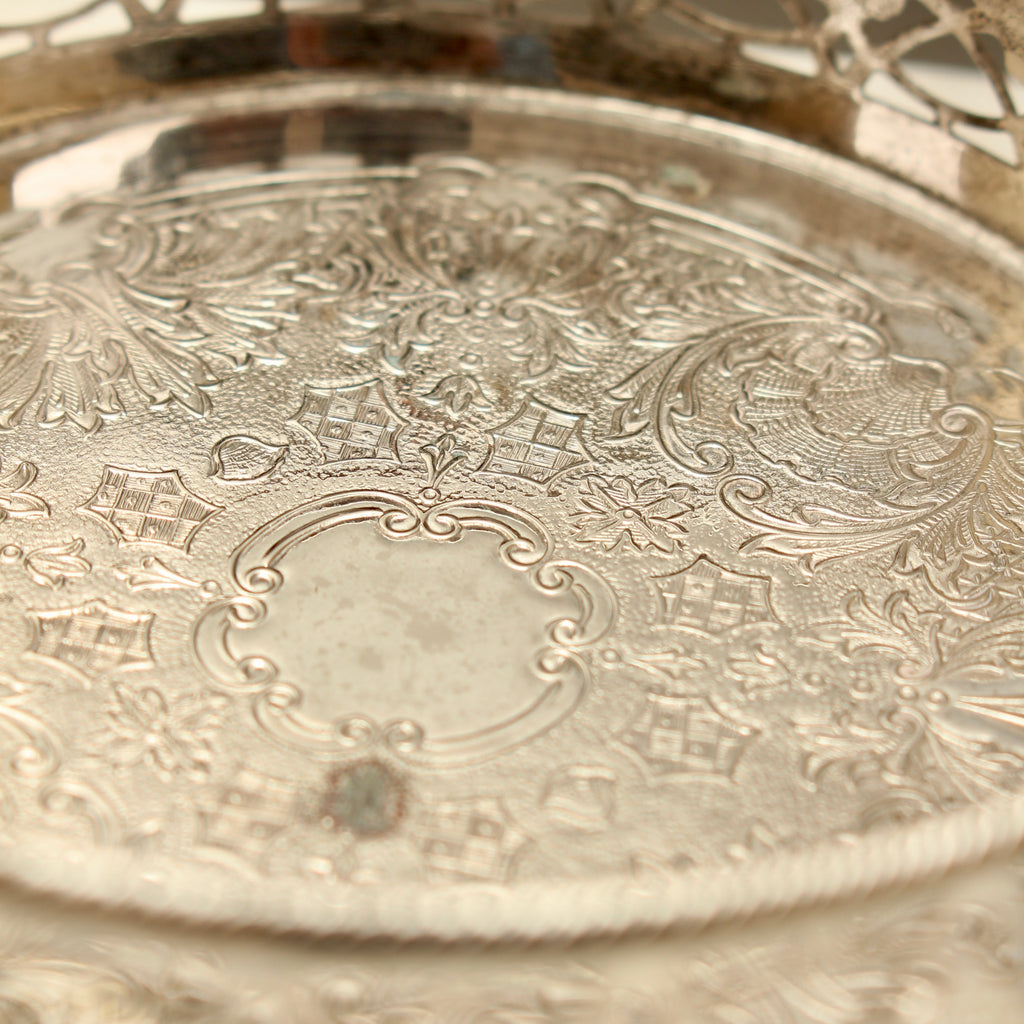 Vintage English Silver Plated Pierced Wine Bottle Coaster - Gadroon Rim Decanter Stand