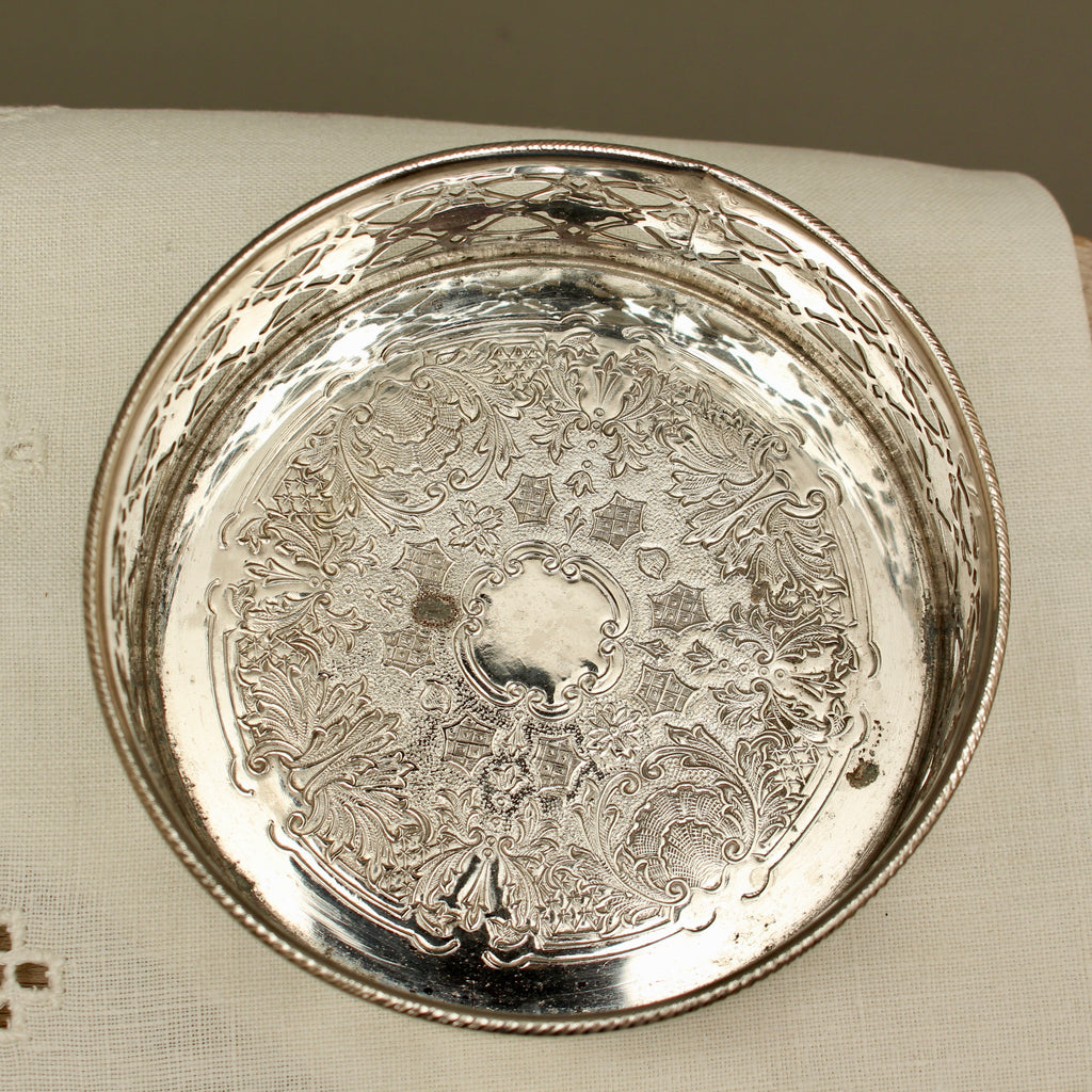 Vintage English Silver Plated Pierced Wine Bottle Coaster - Gadroon Rim Decanter Stand