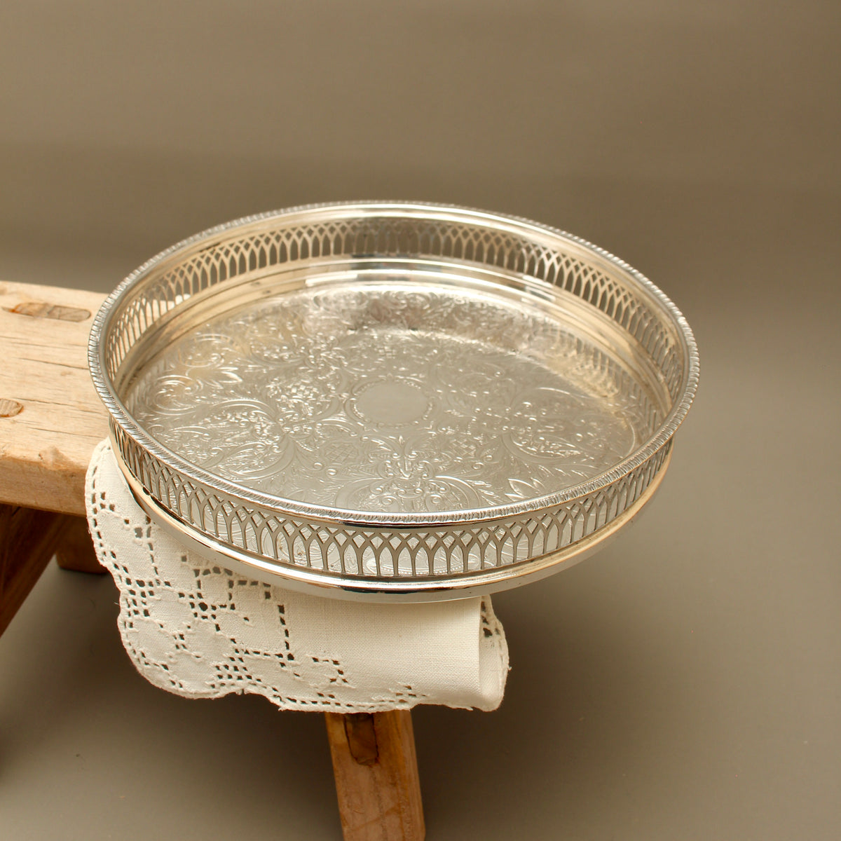 Vintage Cavalier Silver Plated Round Gallery Tray - Small Chased Drinks Salver
