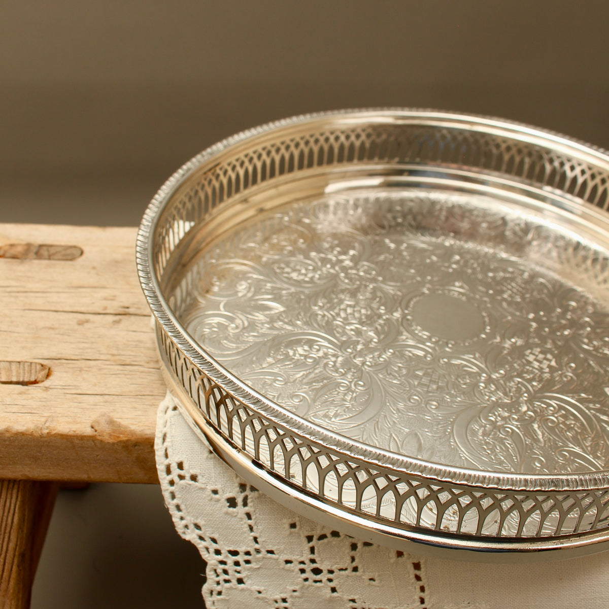 Vintage Cavalier Silver Plated Round Gallery Tray - Small Chased Drinks Salver