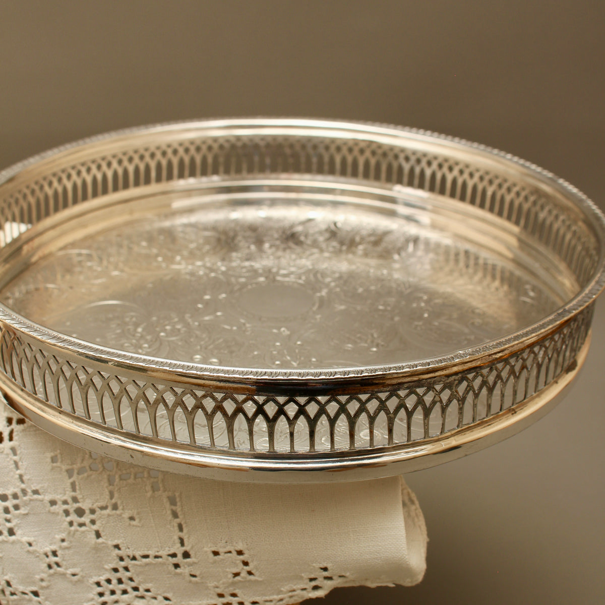 Vintage Cavalier Silver Plated Round Gallery Tray - Small Chased Drinks Salver