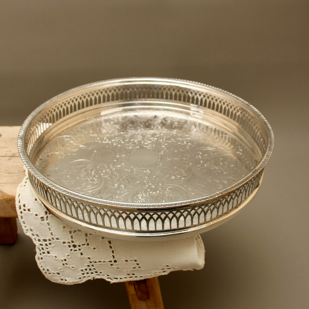 Vintage Cavalier Silver Plated Round Gallery Tray - Small Chased Drinks Salver