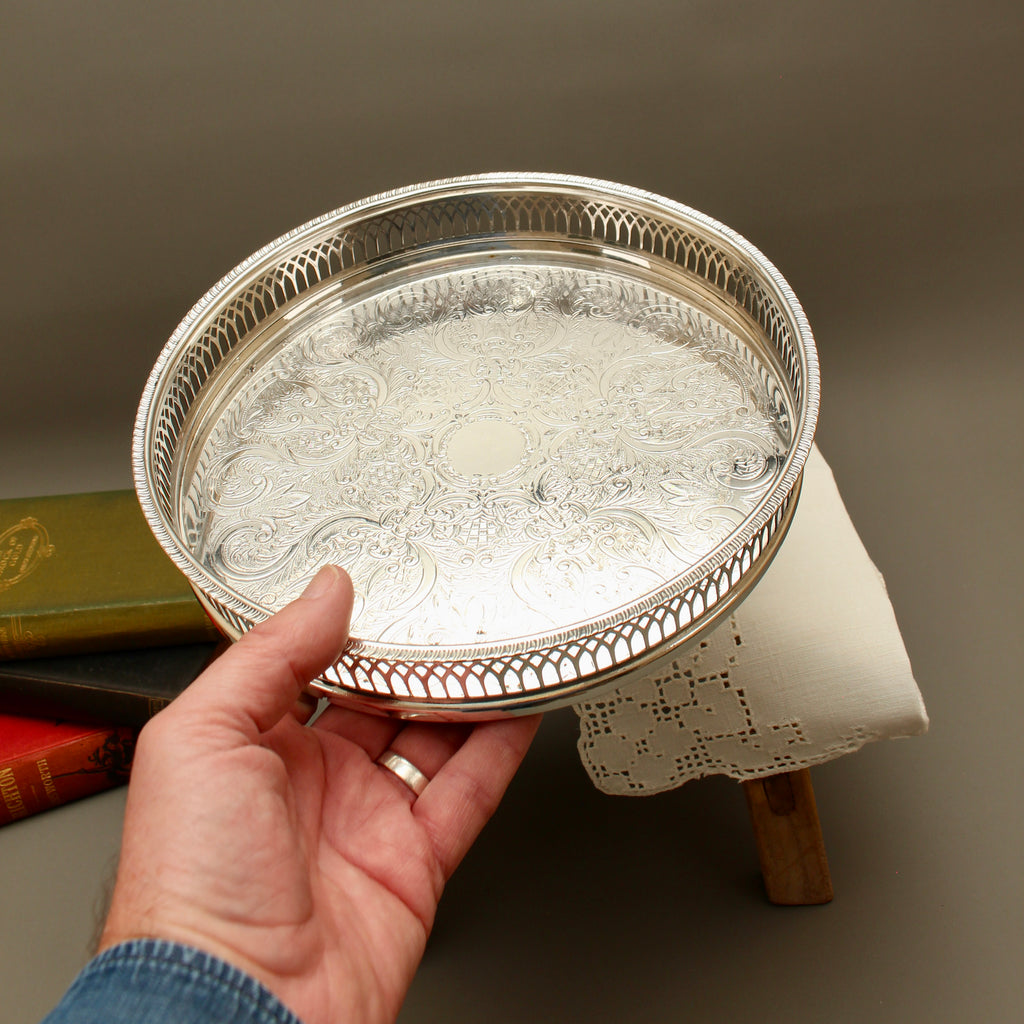 Vintage Cavalier Silver Plated Round Gallery Tray - Small Chased Drinks Salver