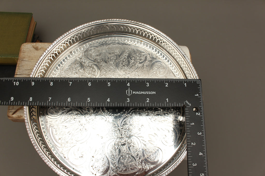 Vintage Cavalier Silver Plated Round Gallery Tray - Small Chased Drinks Salver