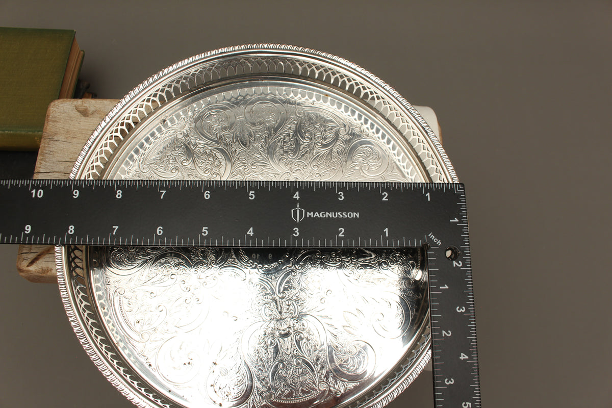 Vintage Cavalier Silver Plated Round Gallery Tray - Small Chased Drinks Salver