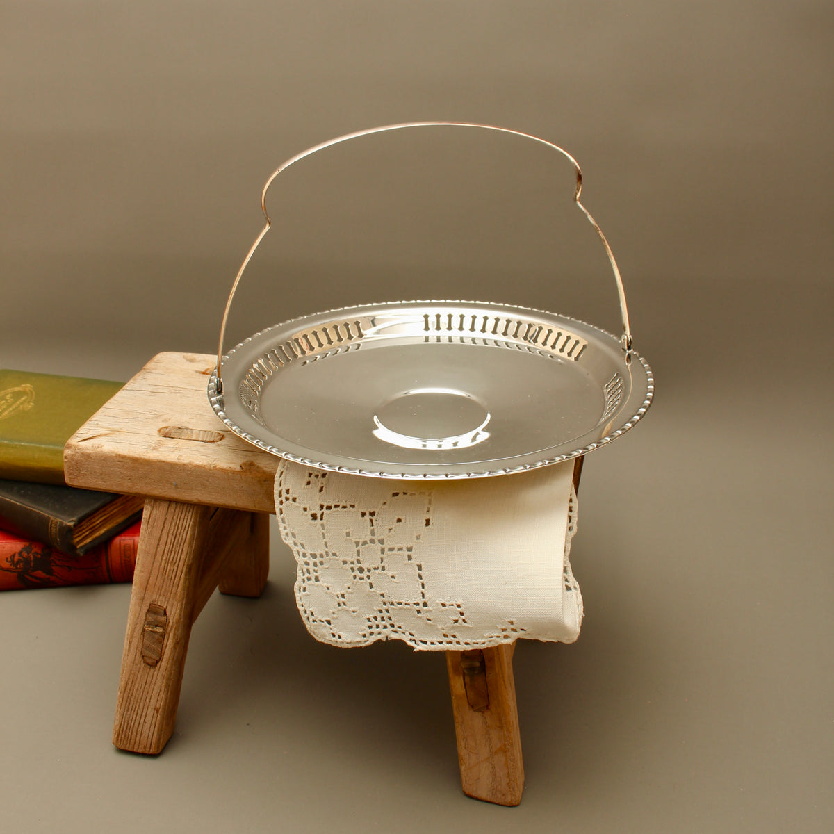 Vintage English Silver Plated on Copper Basket with Swing Handle - Pierced Bon-Bon Dish