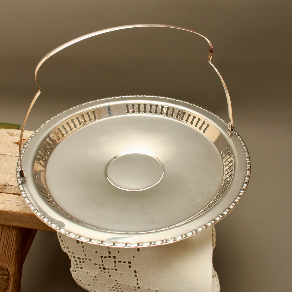Vintage English Silver Plated on Copper Basket with Swing Handle - Pierced Bon-Bon Dish