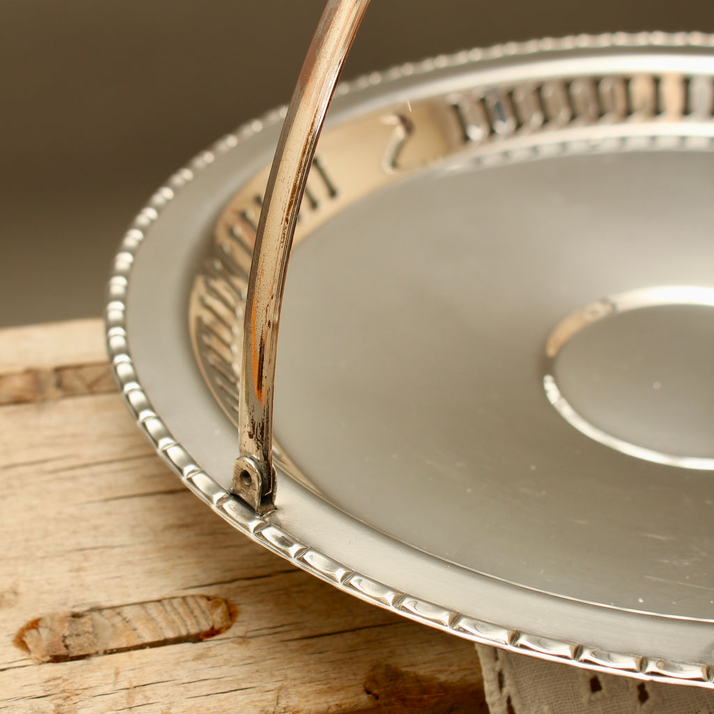 Vintage English Silver Plated on Copper Basket with Swing Handle - Pierced Bon-Bon Dish
