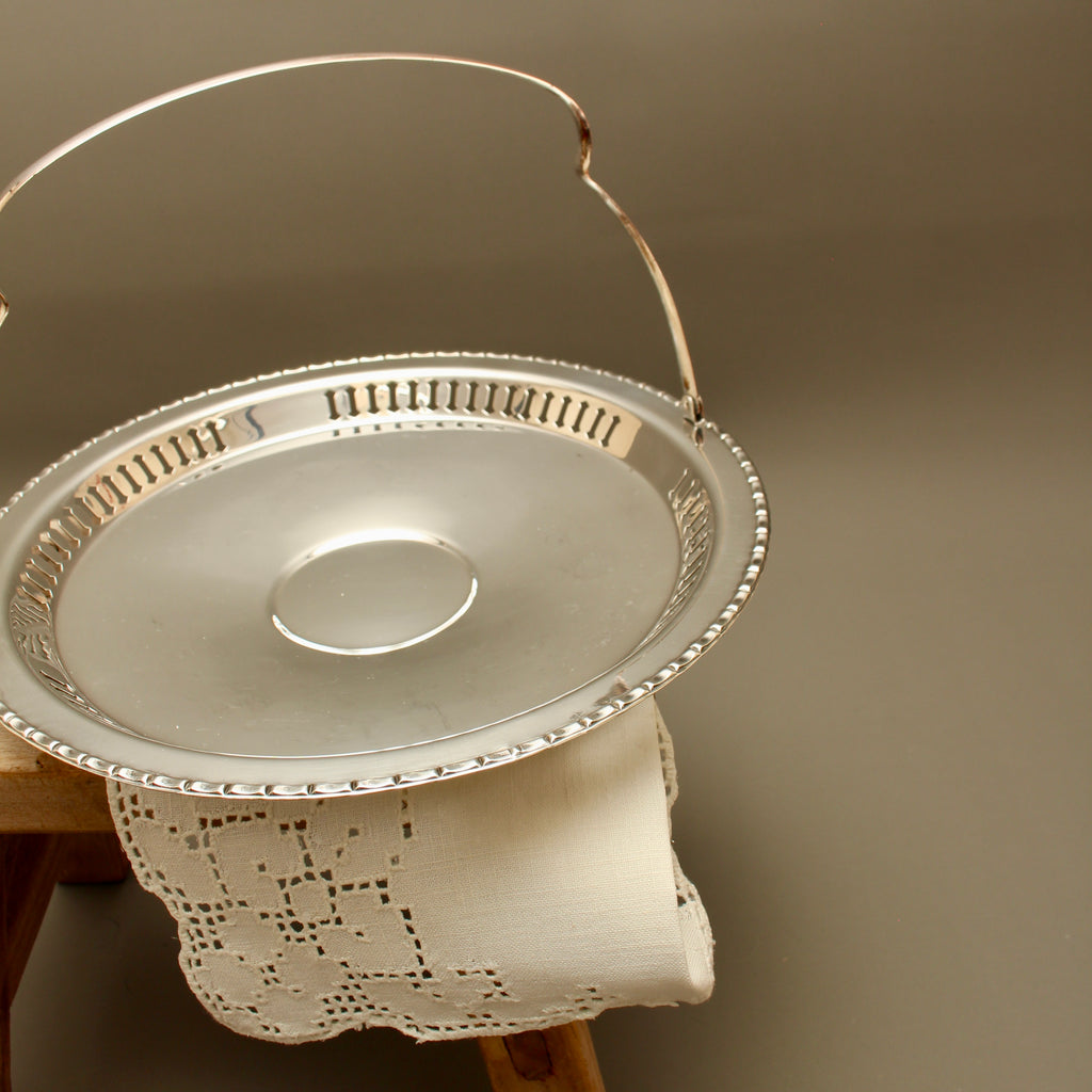 Vintage English Silver Plated on Copper Basket with Swing Handle - Pierced Bon-Bon Dish