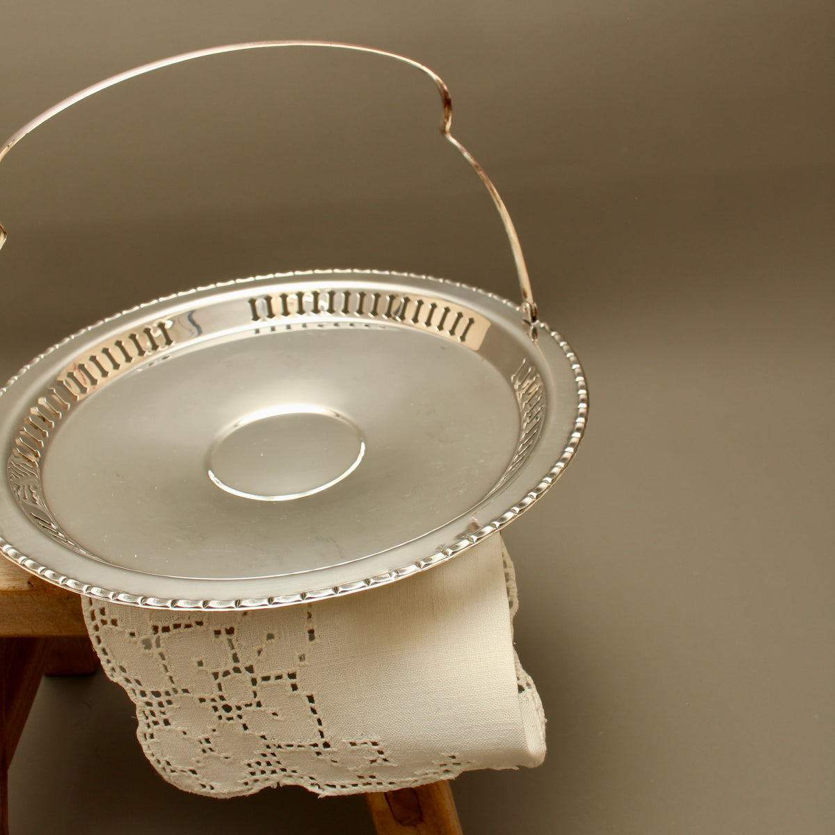 Vintage English Silver Plated on Copper Basket with Swing Handle - Pierced Bon-Bon Dish