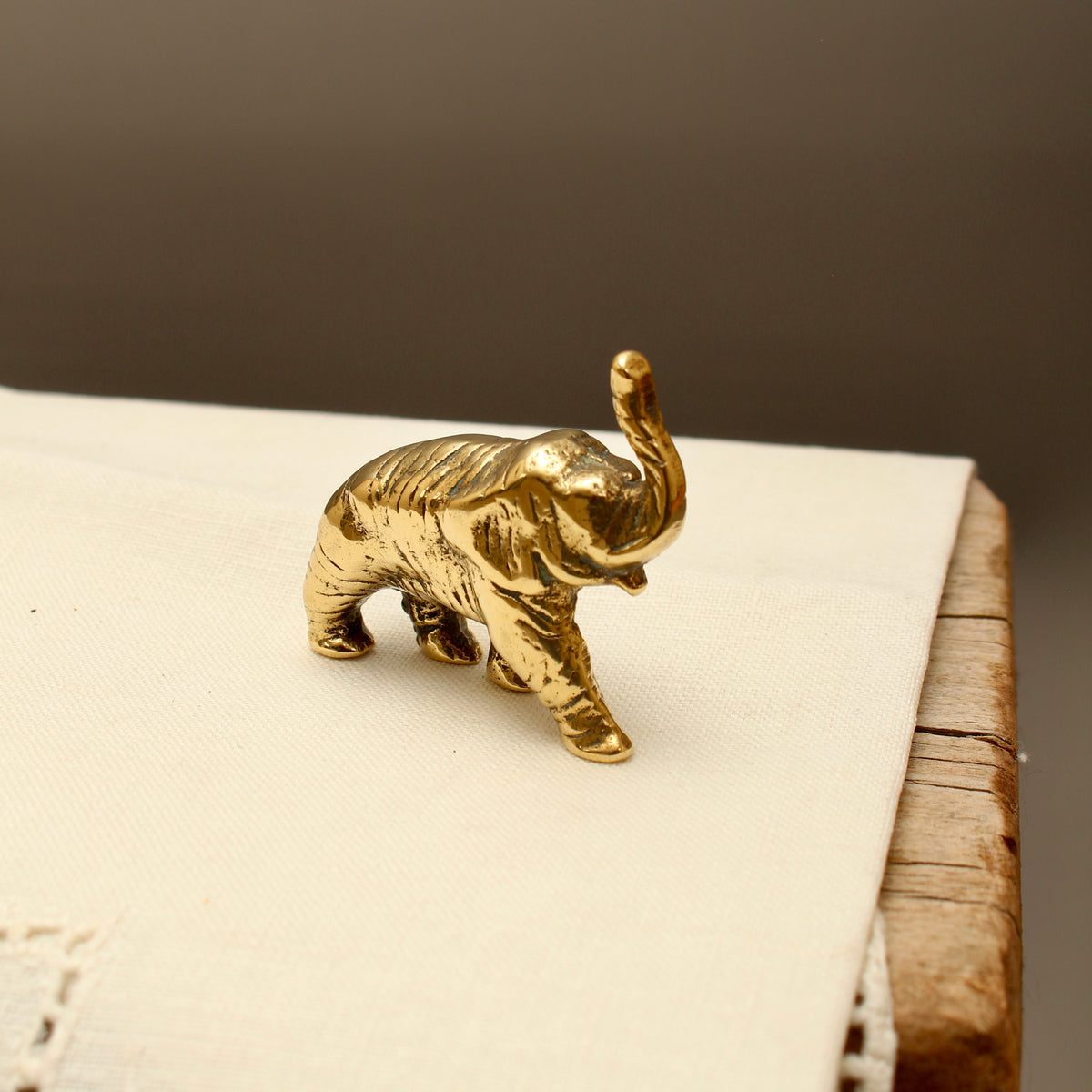 Vintage Solid Brass Miniature Elephant Figurine - Lucky Trunk-Up Pocket Ornament