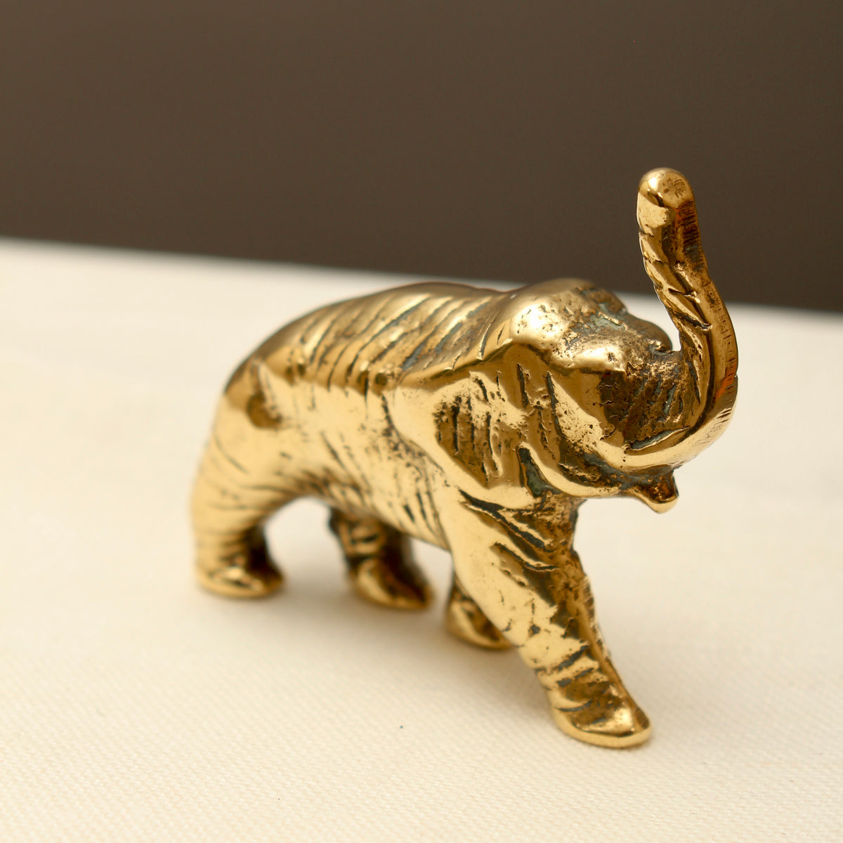 Vintage Solid Brass Miniature Elephant Figurine - Lucky Trunk-Up Pocket Ornament