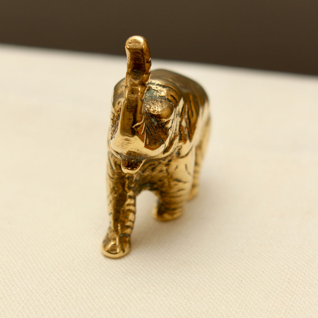 Vintage Solid Brass Miniature Elephant Figurine - Lucky Trunk-Up Pocket Ornament