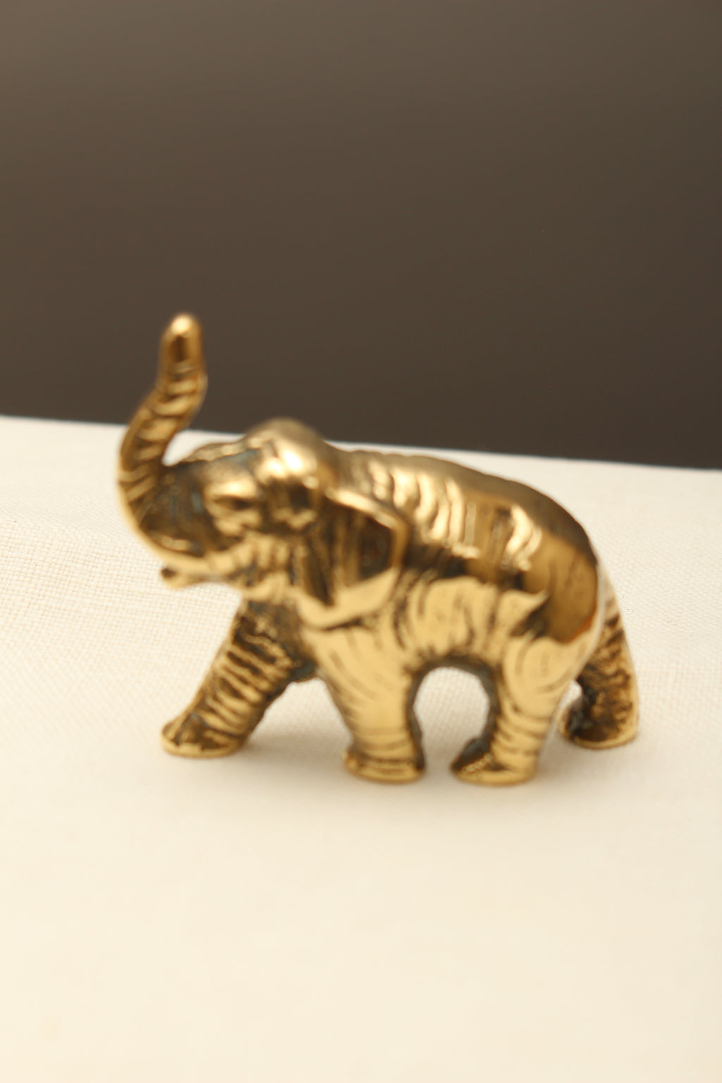 Vintage Solid Brass Miniature Elephant Figurine - Lucky Trunk-Up Pocket Ornament