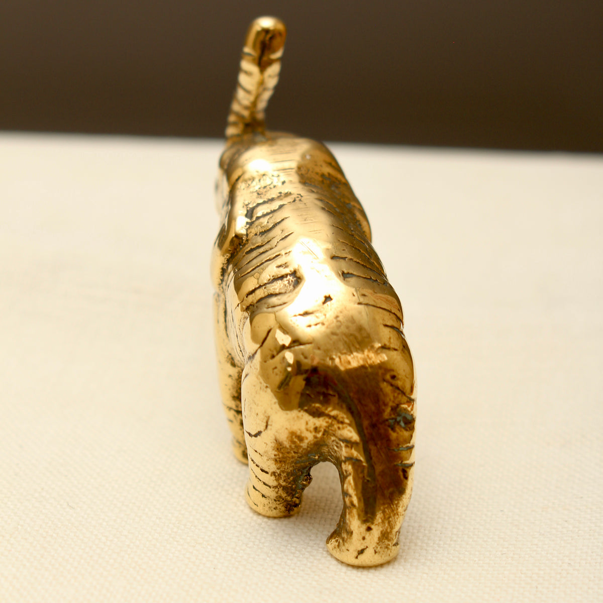 Vintage Solid Brass Miniature Elephant Figurine - Lucky Trunk-Up Pocket Ornament